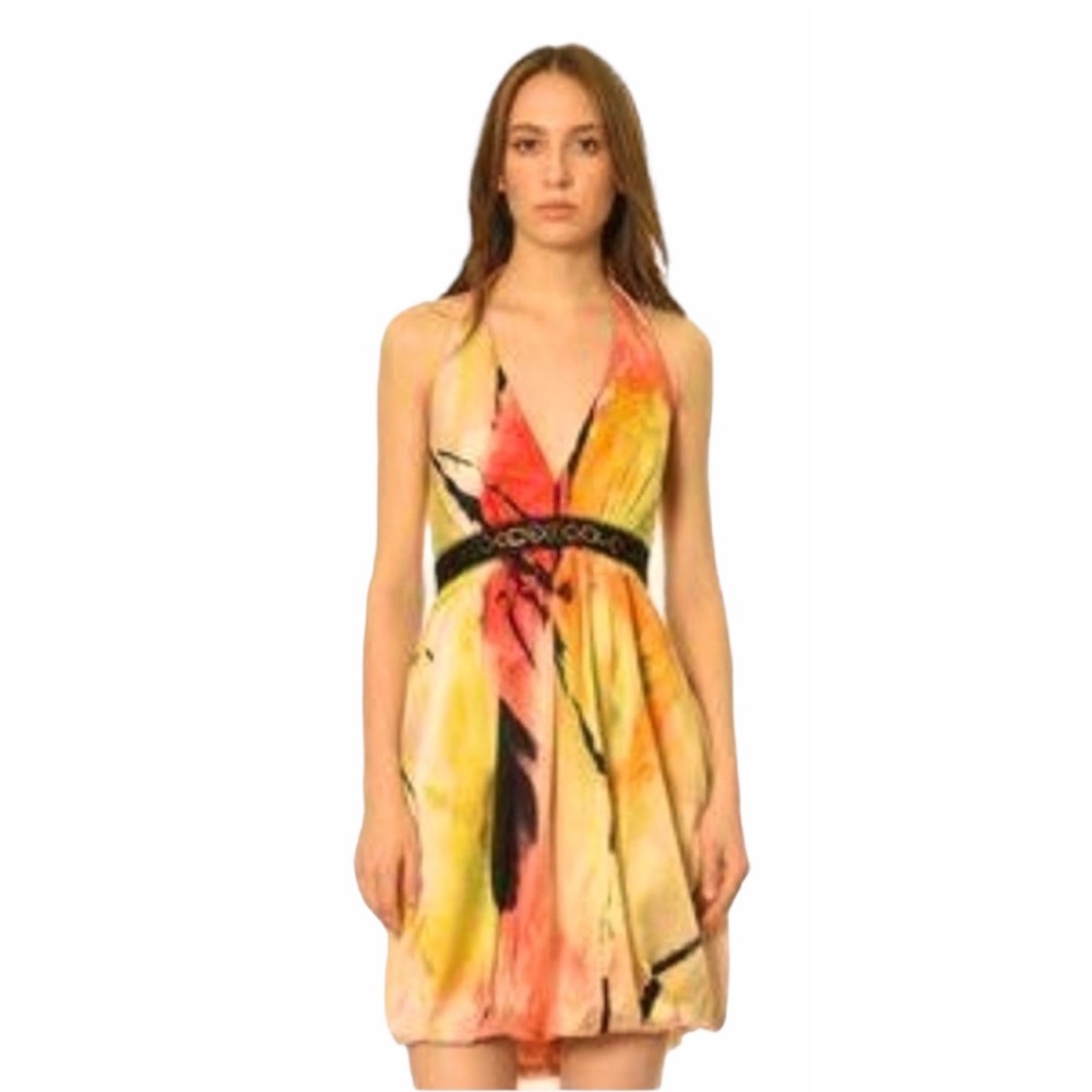 Bcbg Max Azria Dress Size 0 Silk Halter Multicolor V-neckline Bubble Hem